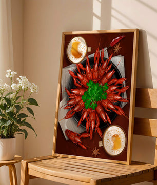 Gourmet-Meeresfrüchteplatte mit Flusskrebsen und Kaffeetassen