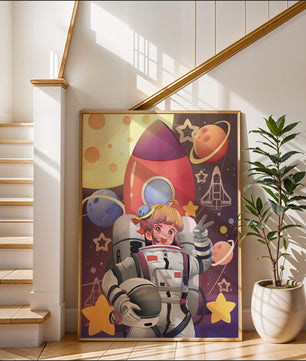 Ilustración de una chica astronauta con temática espacial