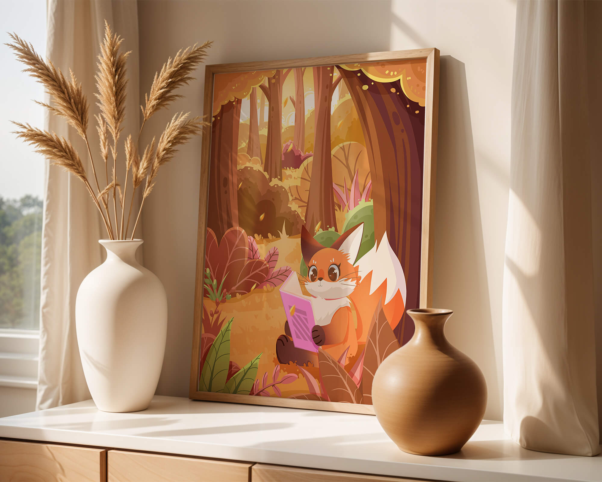 Fox reading a book in a whimsical autumn forest