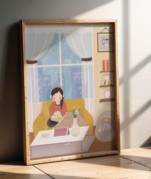 Cozy living room with a girl and a dog on a yellow sofa