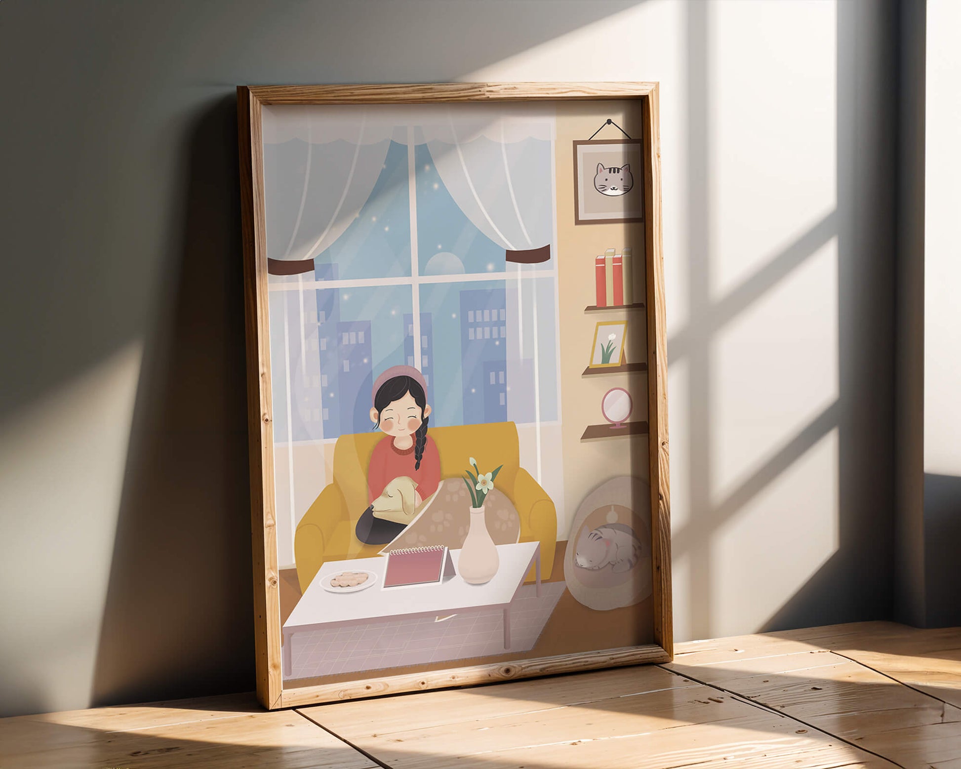 Cozy living room with a girl and a dog on a yellow sofa
