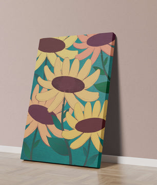 Ilustración floral con margaritas amarillas y naranjas sobre fondo turquesa