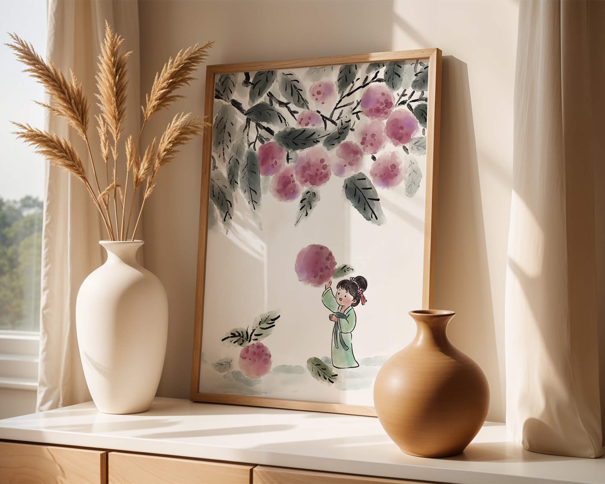 Ilustración encantadora de un niño con ropa tradicional, bayas vibrantes y hojas exuberantes