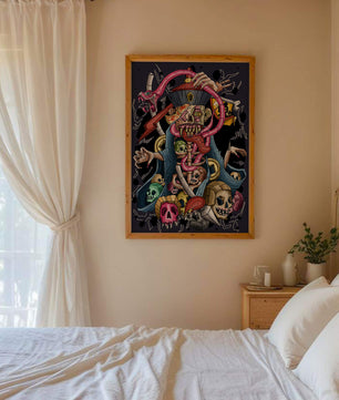 Colorful skeleton with skulls and snake illustration