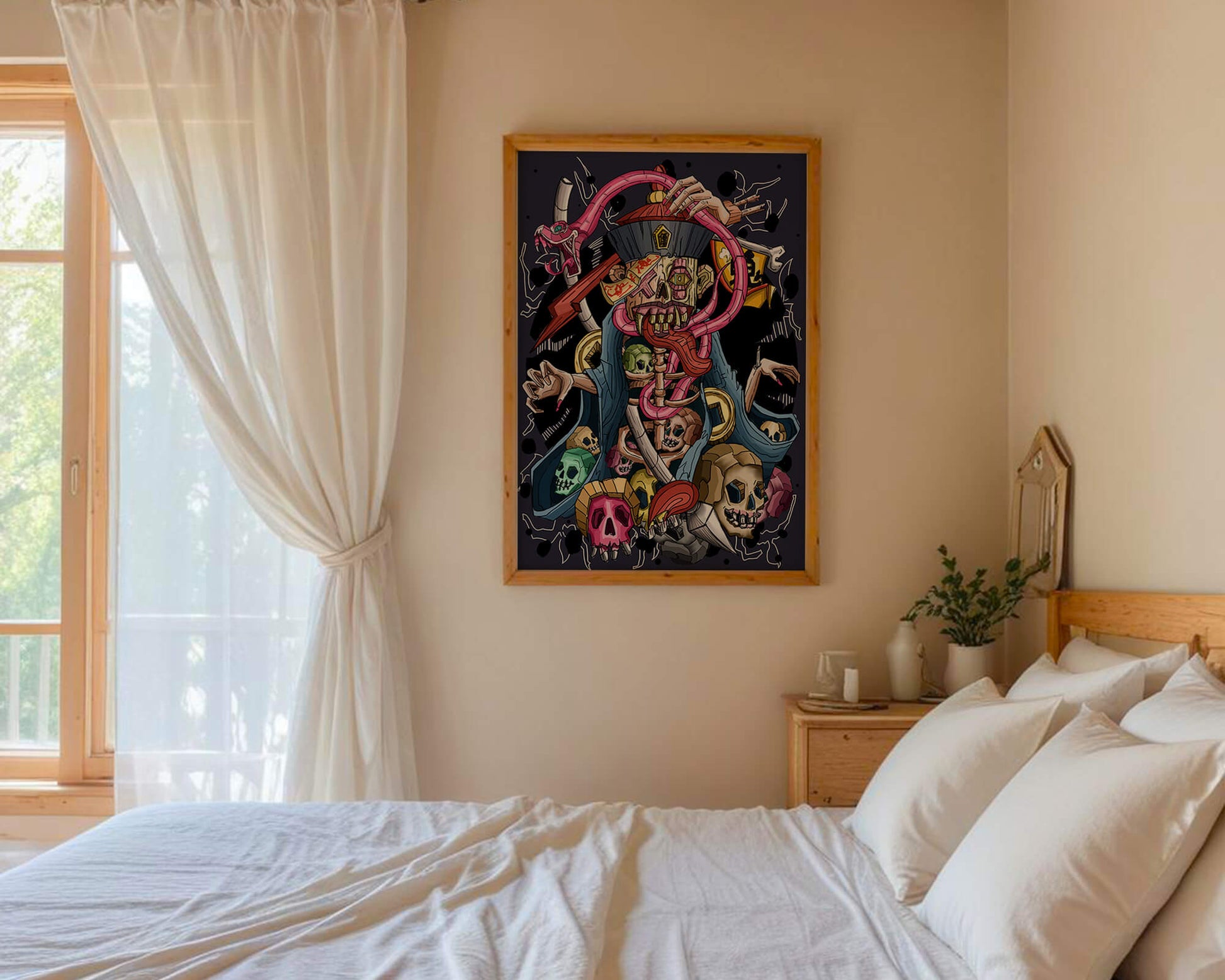 Colorful skeleton with skulls and snake illustration