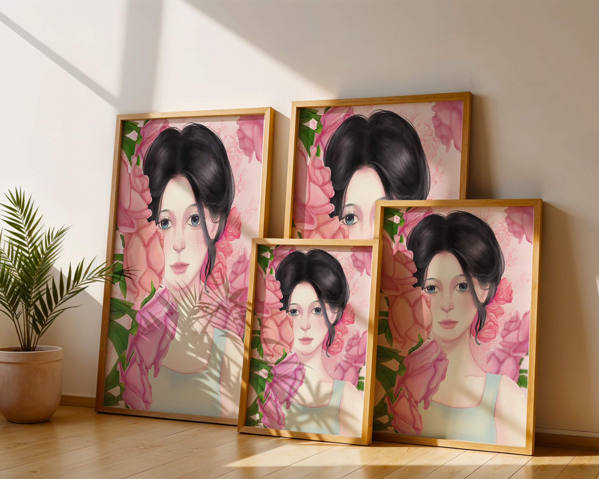 Illustration of a woman surrounded by pink roses