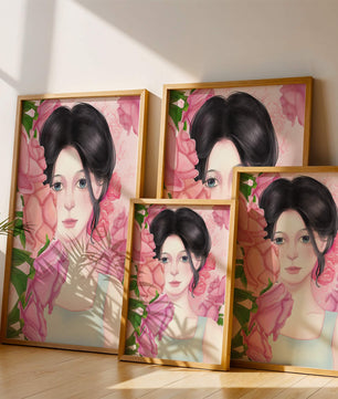 Illustration d'une femme entourée de roses roses