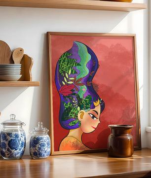 Colorful artistic portrait with nature-inspired hair design