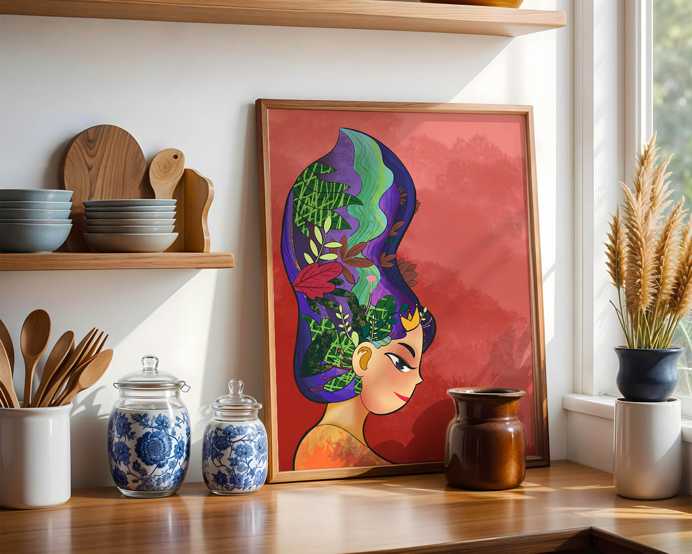 Colorful artistic portrait with nature-inspired hair design