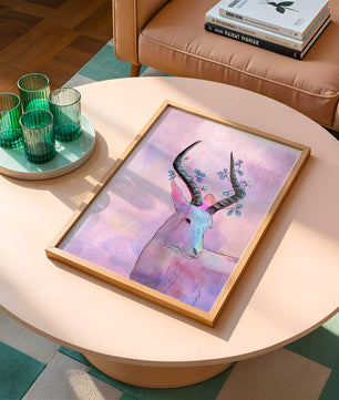 Pastel watercolor illustration of antelope with floral horns