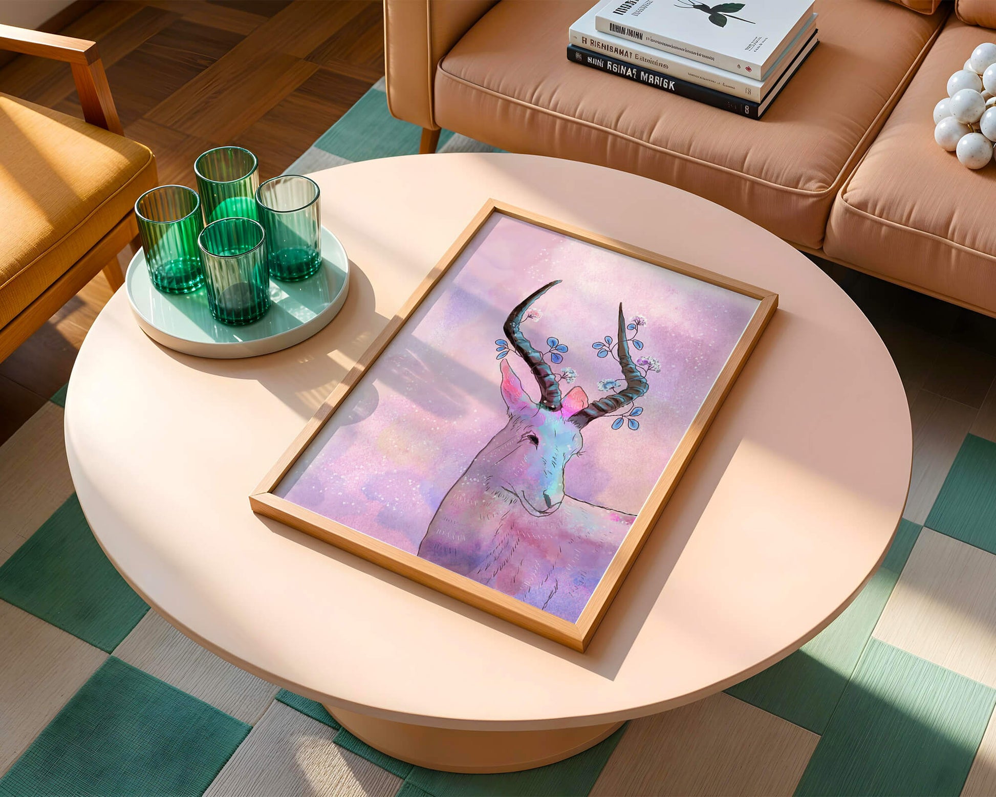 Pastel watercolor illustration of antelope with floral horns