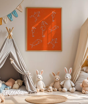 Geometrische Tiermuster auf leuchtend orangefarbenem Hintergrund