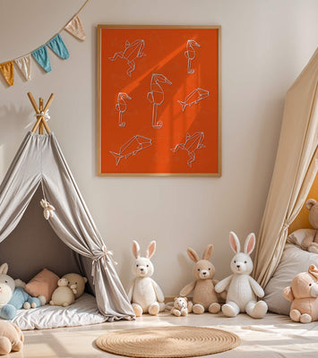 Geometric animal patterns on vibrant orange background