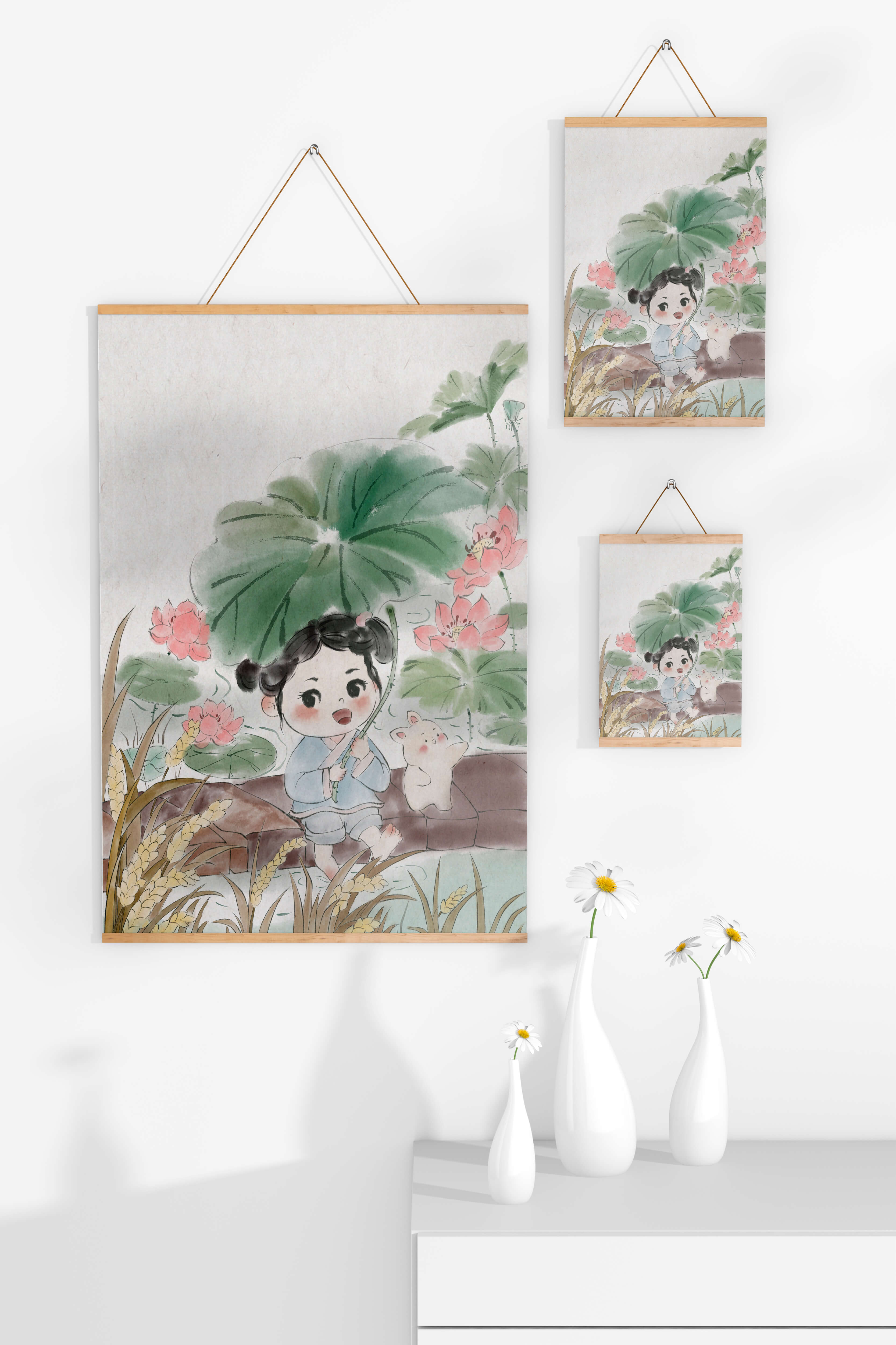 Charming illustration of a child with flowers and a bunny by the water