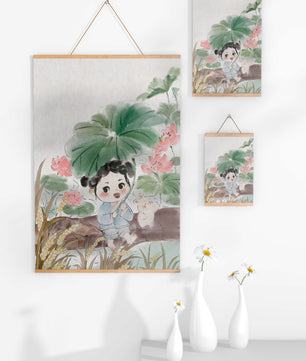 Charming illustration of a child with flowers and a bunny by the water