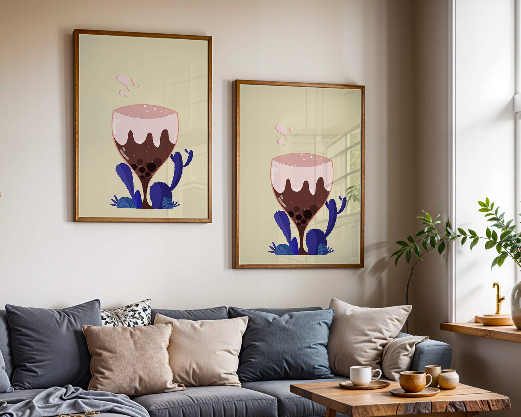 Illustration of a whimsical wine glass with liquid splash and purple plants