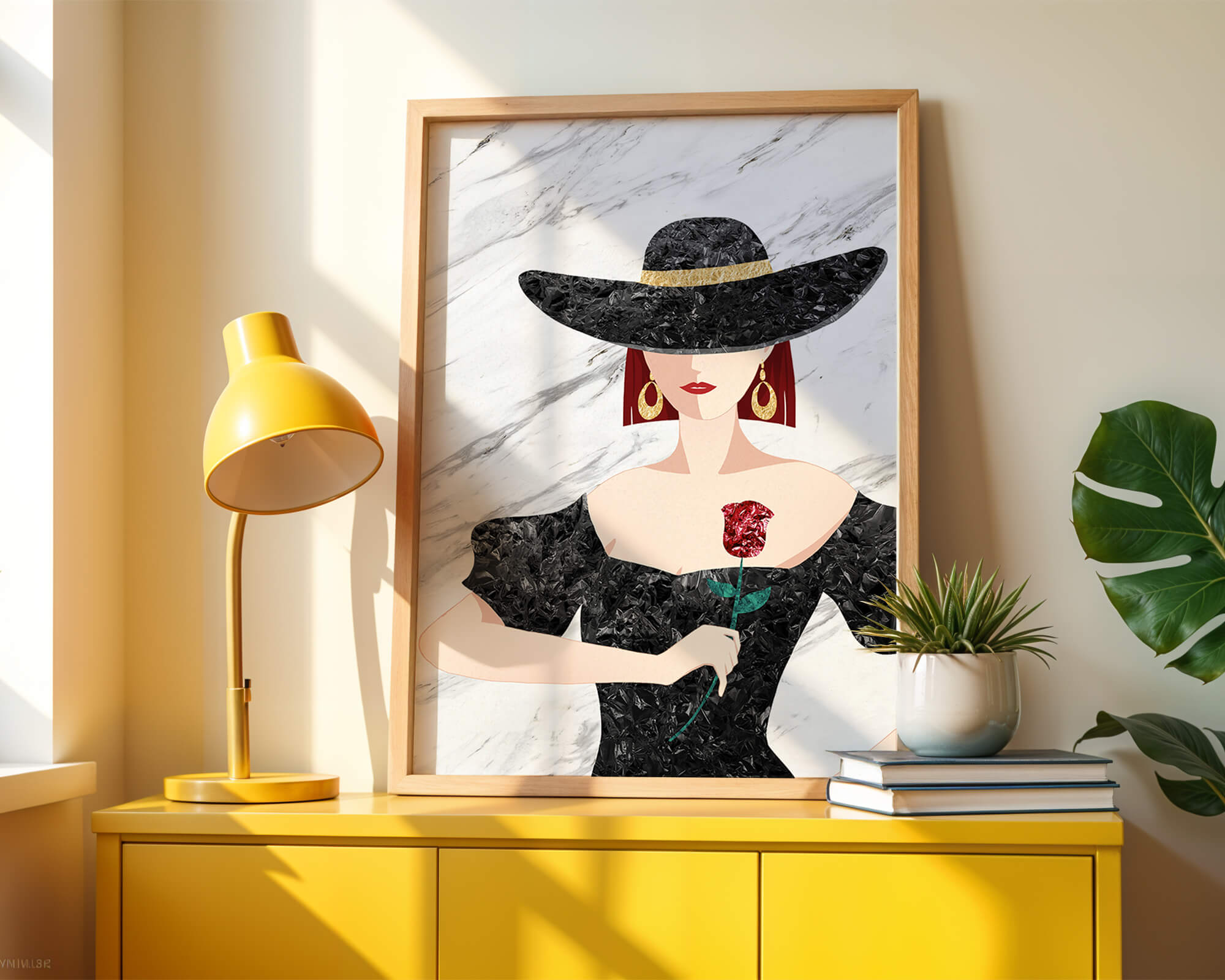 Elegant woman in wide-brimmed hat holding a rose on marble background