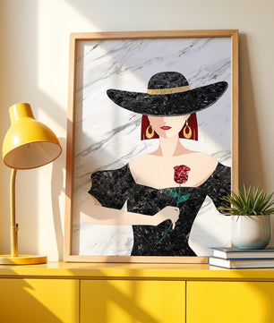 Elegant woman in wide-brimmed hat holding a rose on marble background