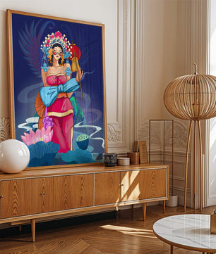 Colorful illustration of a woman in traditional attire with floral headdress