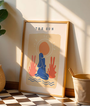 Modern abstract art poster featuring the sun and a serene figure in blue and coral tones - Mi tienda