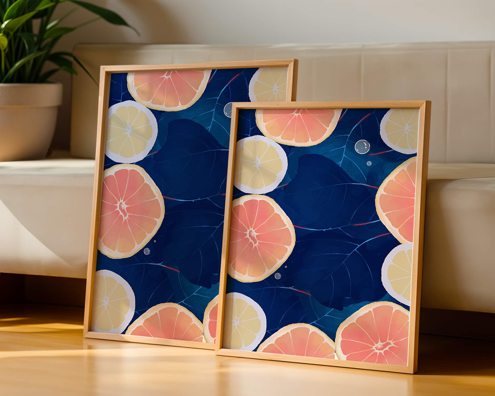 Frutas cítricas coloridas sobre fondo oscuro de hojas