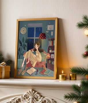 Cozy Nighttime Reading in a Living Room with Moonlit Window