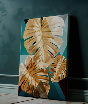 Blätter der Goldenen Monstera auf geometrischem Hintergrund