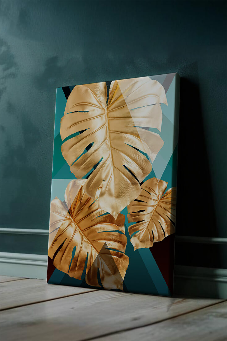 Hojas de monstera doradas sobre fondo geométrico
