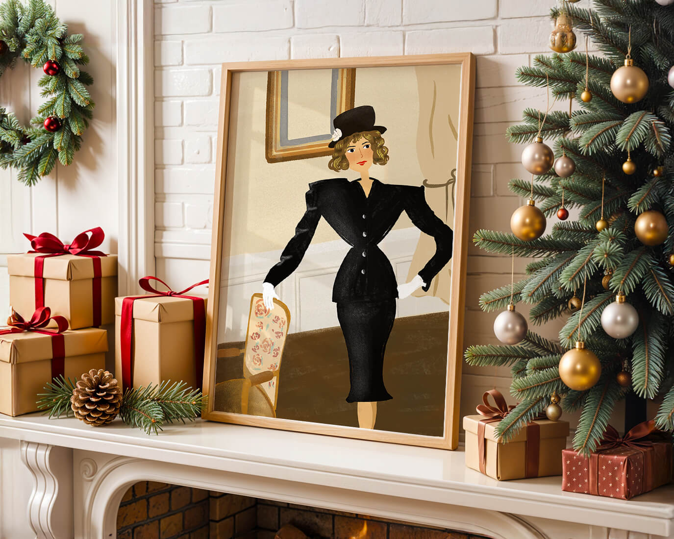 Mujer elegante en moda vintage con traje negro y sombrero