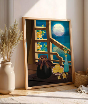 Noche iluminada por la luna con pasteles de luna y decoración floral sobre una mesa de madera