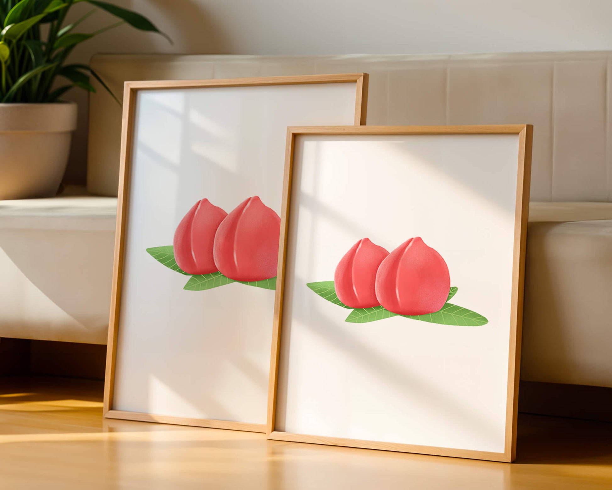 Realistic illustration of juicy peaches with green leaves