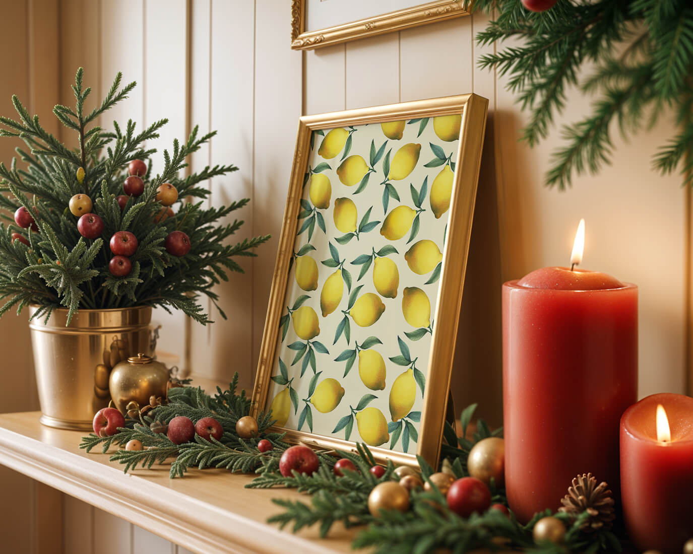 Vibrant lemon pattern with green leaves on a light background