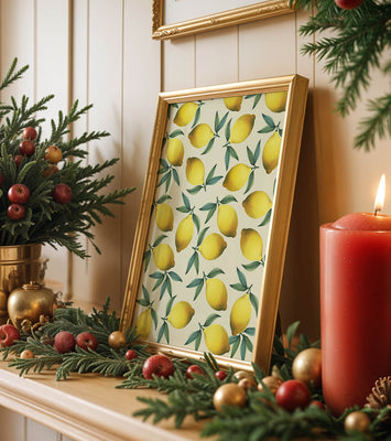 Vibrant lemon pattern with green leaves on a light background