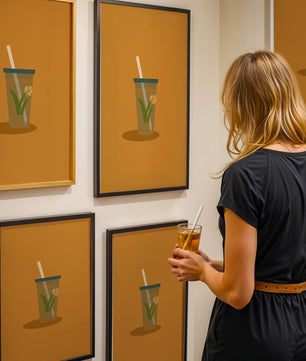 Illustration of a Drink with Botanical Element and Straw on Orange Background - Mi tienda