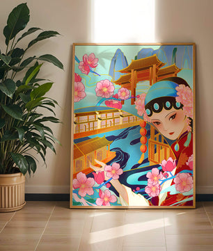 Traditional Asian art with cherry blossoms and architecture