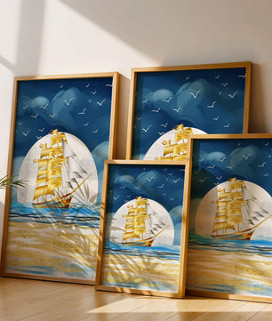 Navire à voile doré sur la mer avec des mouettes et un horizon bleu