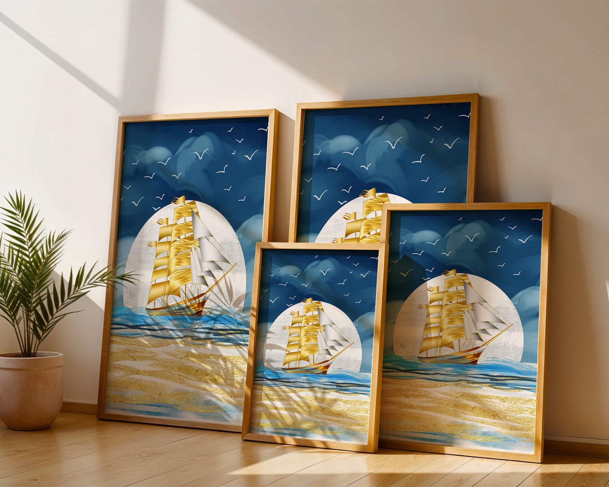 Golden Sailing Ship on the Sea with Seagulls and Blue Horizon