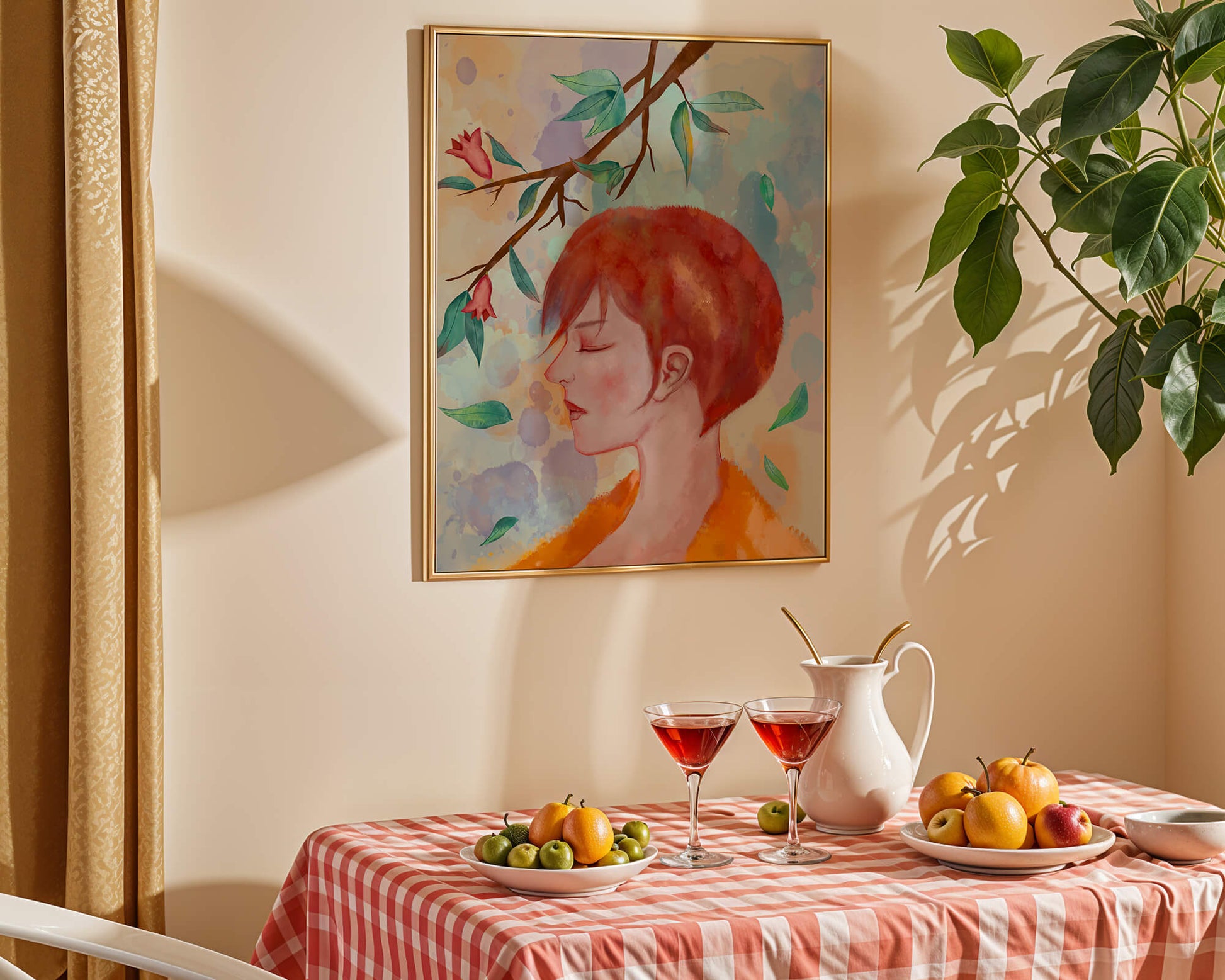 Illustrative artwork of a woman with red hair and floral branch