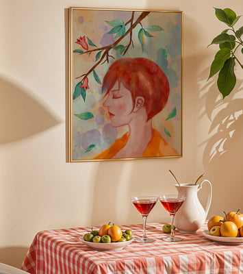 Illustrative artwork of a woman with red hair and floral branch