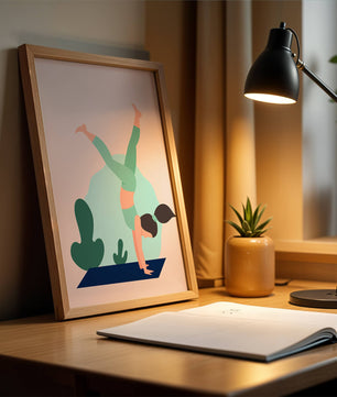 Ilustración de una mujer practicando la postura de parada de manos en yoga