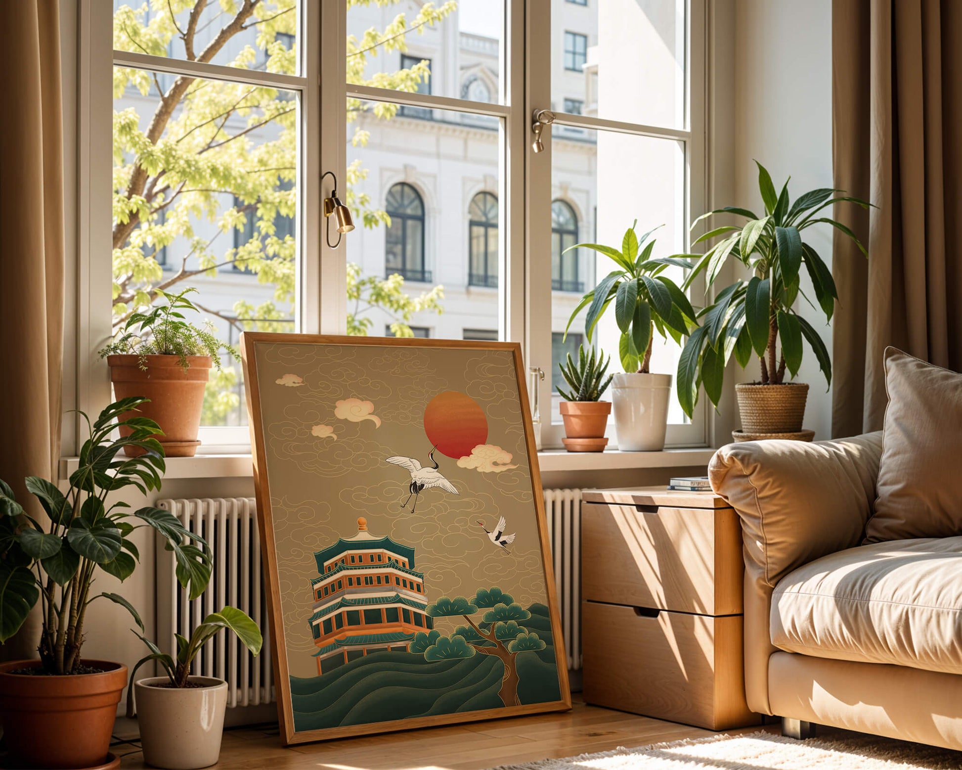 Traditional Asian art with cranes and temple at sunset
