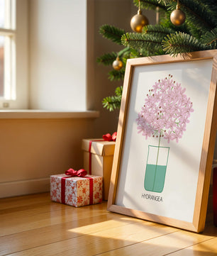 Illustration von Hortensienblüten in einer Vase mit eleganter Linienkunst