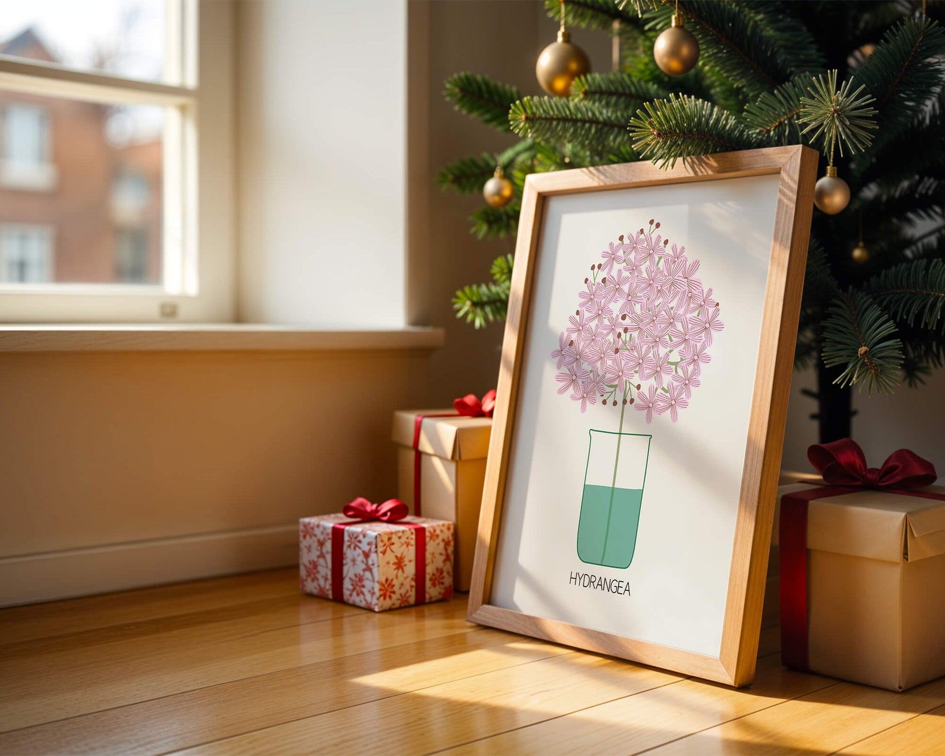 Illustration von Hortensienblüten in einer Vase mit eleganter Linienkunst