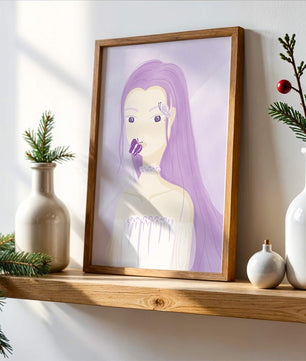 Ilustración de una mujer con cabello morado y mariposas