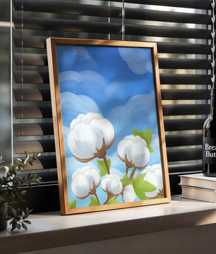 Künstlerische Illustration von Baumwollpflanzen vor einem klaren blauen Himmel