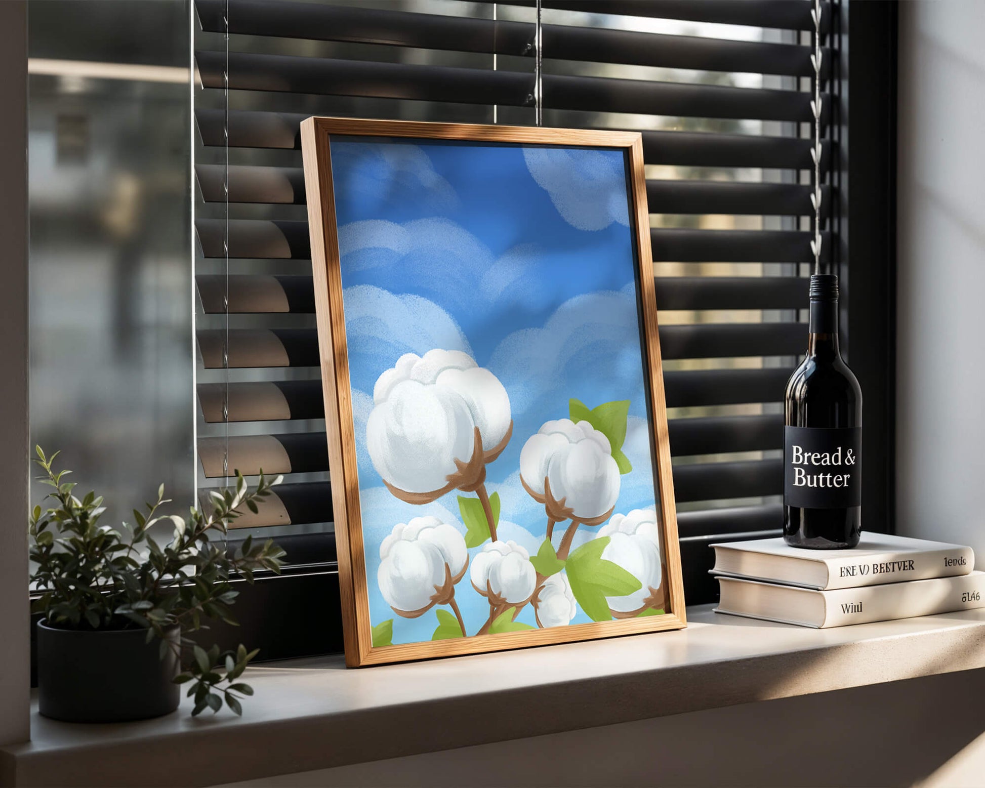 Künstlerische Illustration von Baumwollpflanzen vor einem klaren blauen Himmel