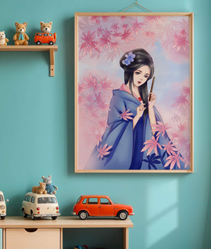 Ilustración elegante de una geisha con kimono azul y hojas rosadas