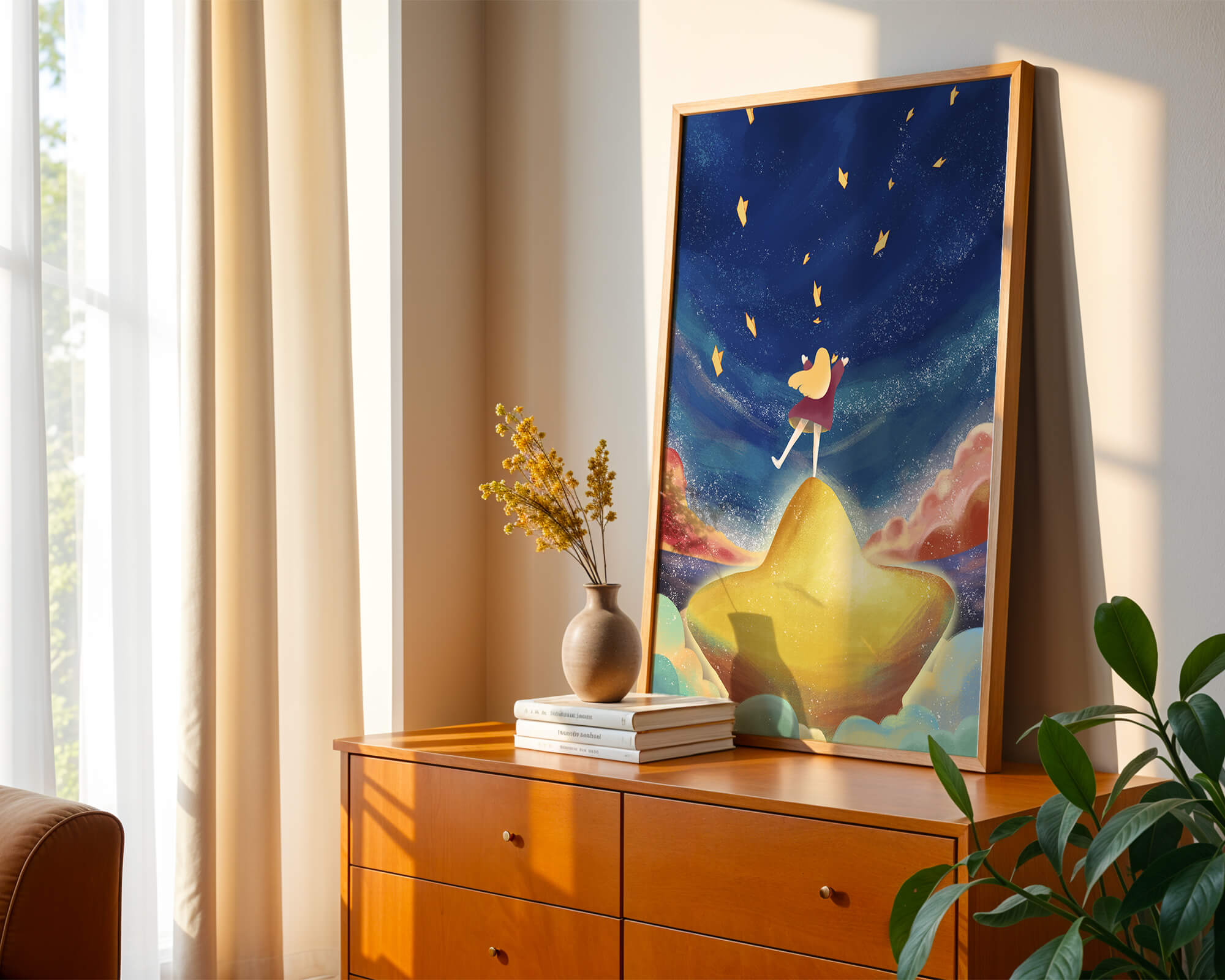 Girl standing on a golden hill reaching for stars in a dreamy night sky
