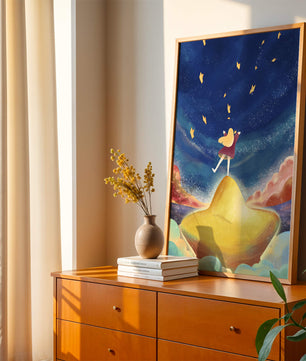 Girl standing on a golden hill reaching for stars in a dreamy night sky