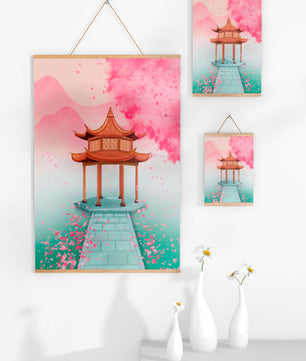 Traditioneller asiatischer Pavillon, umgeben von Kirschblüten